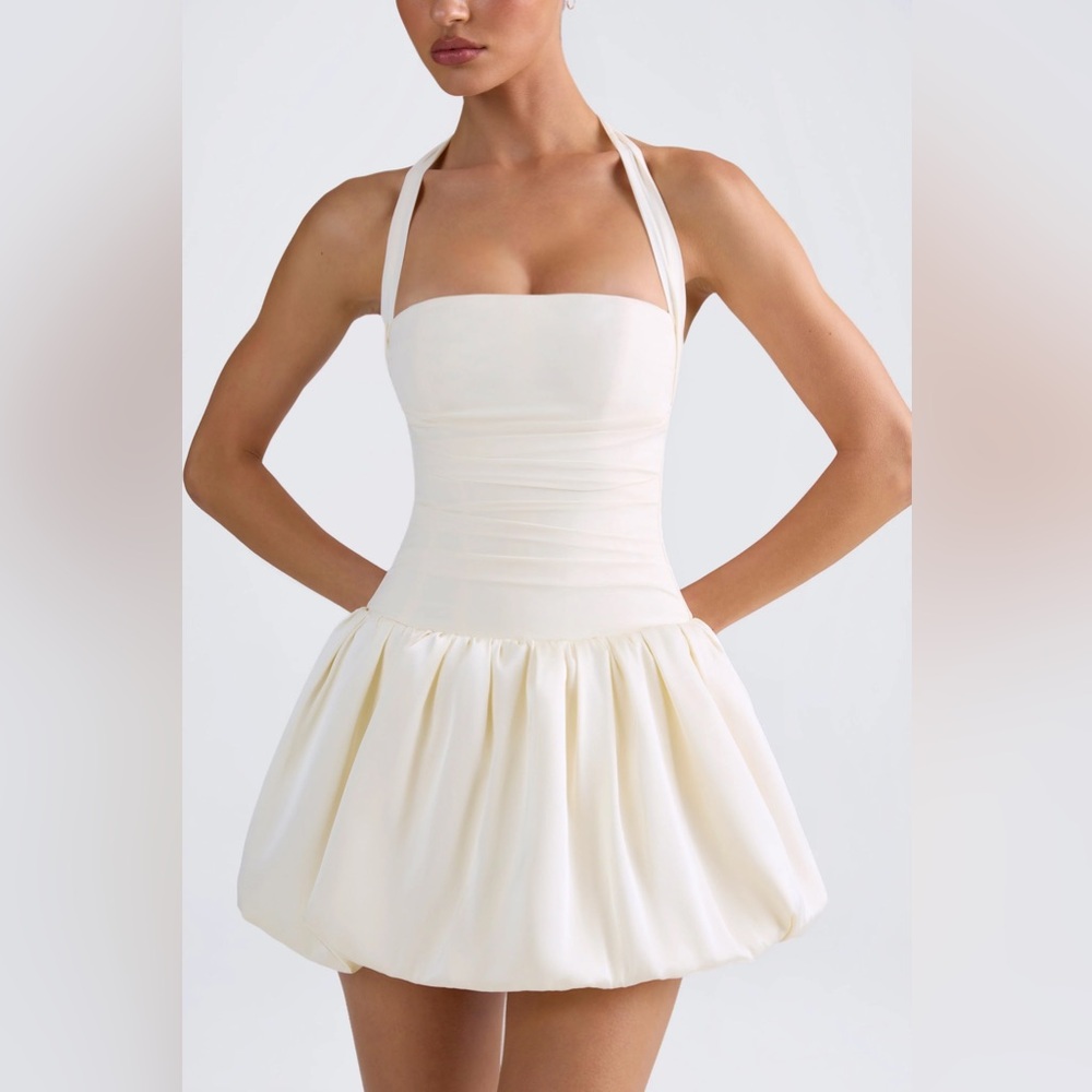 OH POLLY LUDMILA Halterneck Lace-Up Bubble Hem Corset Micro Mini Dress Ivory 6/M